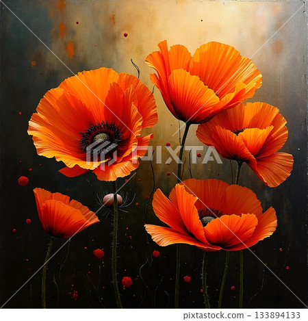 The image shows a painting depicting large red poppies 133894133