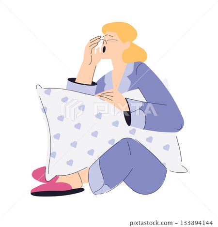 Sleepy Yawning Woman Character Sit with Soft Pillow Vector Illustration Sleepy Yawning Woman Character Sit with Soft Pillow Vector Illustration 133894144