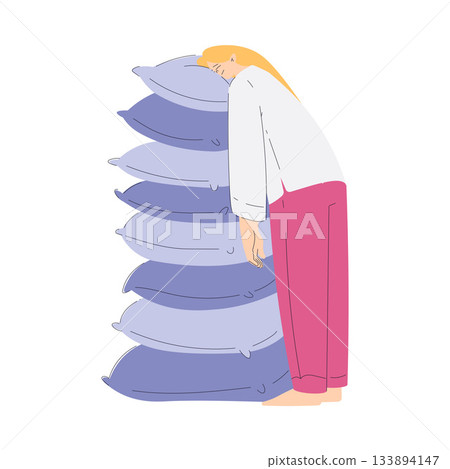 Sleepy Woman Character Standing with Soft Pillow Vector Illustration Sleepy Woman Character Standing with Soft Pillow Vector Illustration 133894147