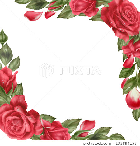 Red roses with drops,buds and leaves in a square frame in realistic style in watercolor technique as a symbol of love,passion,desire.Hand-drawn illustration for cards Valentines Day,Womans day 133894155
