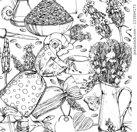 Sachet bags, lavender and Spanish broom bouquet in vintage vase, essential oil vial with dropper, seeds heap in clay bowl, rustic hearts and tags. Hand drawn in vector ink, isolated seamless pattern. Sachet bags, lavender and Spanish broom bouquet in vintage vase, essential oil vial with dropper, seeds heap in clay bowl, rustic hearts and tags. Hand drawn in vector ink, isolated seamless pattern. 133894173
