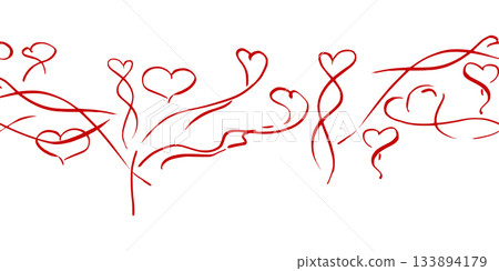 Stylized doodle hearts and long ribbon flowing tails, pen and ink lines forming repeating strip. Vector ink hand drawn seamless banner. Valentine illustration, romantic border, handmade look decor. 133894179