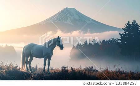 Mount Fuji and horses at dawn, New Year's image of Mount Fuji and horses, AI-generated image 133894255