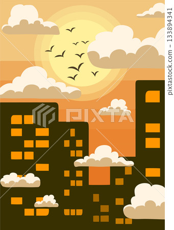 A flattened urban landscape with birds soaring at sunset A flattened urban landscape with birds soaring at sunset 133894341