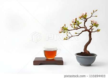 Flowering Bonsai Tree with Delicate Pink Blossoms Beside Tea Cup on Wooden Stand, Minimalist Zen Composition 133894403
