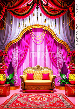 Opulent Indian Wedding Mandap: Luxurious Gold Throne with Vibrant Pink Drapes, Floral Arch, Green Tassels and Red Carpet for Royal Hindu Ceremony 133894404