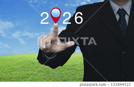 Happy new year 2026 map pointer navigation concept Happy new year 2026 map pointer navigation concept 133894522