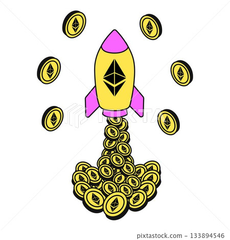 Colorful Rocket and Ethereum Coins Flying Up 133894546