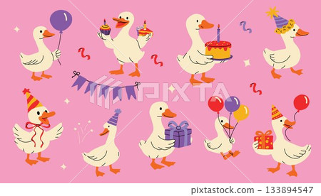 Playful Birthday Ducks with Presents and Cake Design Playful Birthday Ducks with Presents and Cake Design 133894547