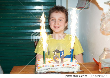 Boy Celebrating Birthday with Sparkler Cake and Smile 133894655