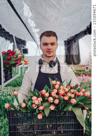 Harvest worker with tulip crates, Cheerful young gardener with flower boxes, Enthusiastic young laborer displaying freshly harvested tulips amidst busy greenhouse surroundings Harvest worker with tulip crates, Cheerful young gardener with flower boxes, Enthusiastic young laborer displaying freshly harvested tulips amidst busy greenhouse surroundings 133894671