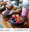 A colorful breakfast bowl of fresh berries and smoothies 133894733