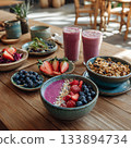 A colorful breakfast bowl of fresh berries and smoothies 133894734