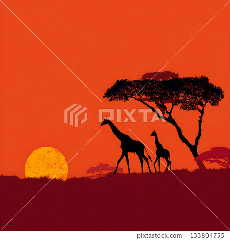 Giraffe silhouette and sunset savanna 133894755
