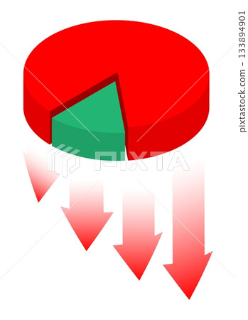 Isometric pie chart with red arrows of stock market crash pointing downwards. Isolated cartoon vector concept on white background top view 133894901