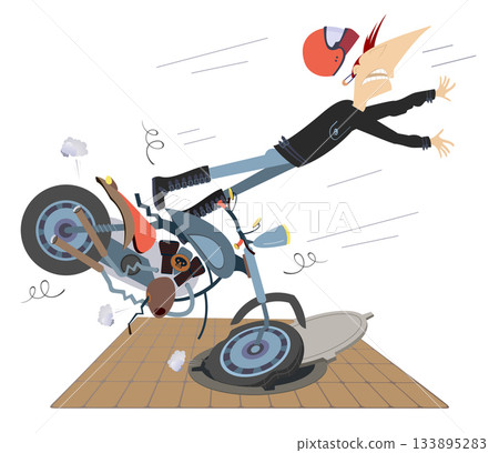 Road accident. Motorcyclist falling down from the motorbike. Motorcyclist gets into sewer manhole and falls down from motorcycle Road accident. Motorcyclist falling down from the motorbike. Motorcyclist gets into sewer manhole and falls down from motorcycle 133895283