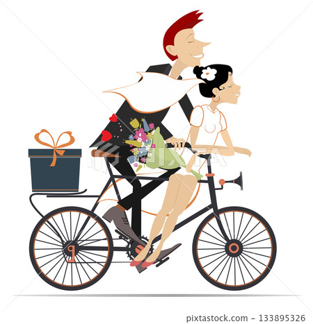 Happy married wedding couple rides a bicycle.  Bridegroom and bride with a bunch of flowers and gift ride a bicycle. Isolated on white background 133895326
