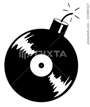 Long play record bomb. Bomb music. Long play record looks like bomb with fuse. Black and white illustration 133895327