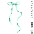 Turquoise bow. Watercolor and marker illustration. Hand drawn isolated art. Blue satin or silk ribbon for wedding, birthday, Christmas, and New Year's bouquets. Gift knot. 133895373