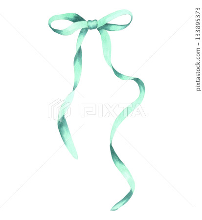 Turquoise bow. Watercolor and marker illustration. Hand drawn isolated art. Blue satin or silk ribbon for wedding, birthday, Christmas, and New Year's bouquets. Gift knot. 133895373