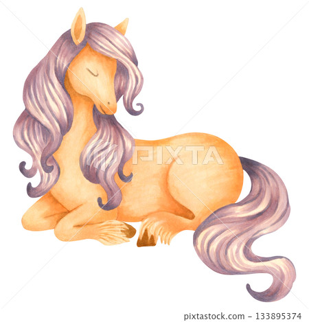 Watercolor illustration of a cute fantasy horse. Pastel fairytale creature for children. Hand drawn isolated art. Pony for a nursery. Unicorn for baby shower greeting cards or childrens birthday. 133895374