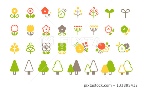 簡單的樹木和花朵圖標集 133895412