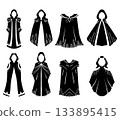 Vector monochrome set of fantasy cloaks in various styles. Collection of black silhouette wizard clothing for games and concept art. 133895415