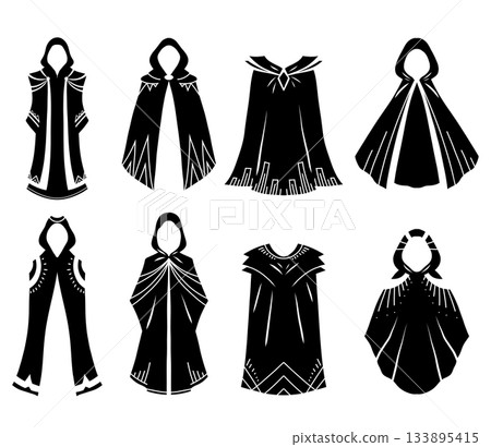 Vector monochrome set of fantasy cloaks in various styles. Collection of black silhouette wizard clothing for games and concept art. Vector monochrome set of fantasy cloaks in various styles. Collection of black silhouette wizard clothing for games and concept art. 133895415