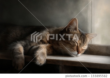 A short-haired brown tabby cat sleeping on a bookshelf in a book store. 133895582