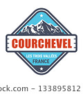 Courchevel ski resort, French Alps emblem with snow-covered mountains, vector 133895812