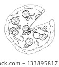 Vector illustration of a pizza topped with salami slices, pepper pieces, basil leaves and onion rings. Detailed line work suits menus, Italian cuisine themes, recipe layouts and food packaging designs Vector illustration of a pizza topped with salami slices, pepper pieces, basil leaves and onion rings. Detailed line work suits menus, Italian cuisine themes, recipe layouts and food packaging designs 133895817