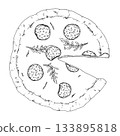 Vector illustration of a pizza topped with salami slices and arugula leaves, shown with one slice removed. Fine line work makes it suitable for menus, packaging, Italian cuisine and recipe graphics Vector illustration of a pizza topped with salami slices and arugula leaves, shown with one slice removed. Fine line work makes it suitable for menus, packaging, Italian cuisine and recipe graphics 133895818