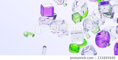 Pastel light 3d background with flying glass geometric shapes - cube blocks, rings, tube lines in transparent, green and purple colors. Abstract figures, square boxes and half circles. 3D illustration 133895849