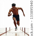 Muscular Shirtless Male Athlete Sprinting Vigorously on an Indoor Track with Intense Determination. 133895940