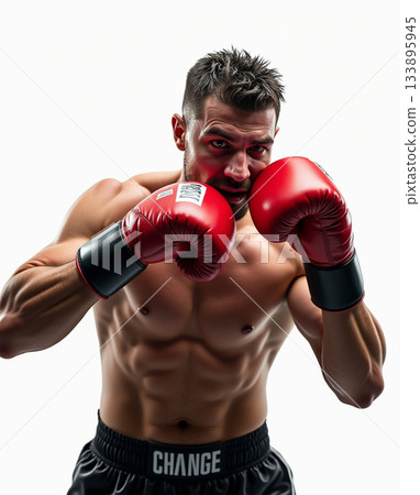 Aggressive Muscular Male Boxer in Protective Stance with Bright Red Gloves Against Isolated White Background. 133895945