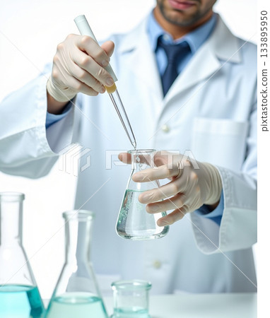 Close-up of Male Scientist in Lab Coat Pipetting Clear Liquid into Erlenmeyer Flask in Studio. Close-up of Male Scientist in Lab Coat Pipetting Clear Liquid into Erlenmeyer Flask in Studio. 133895950
