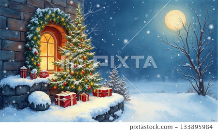 Cozy magical christmas night scene with glowing tree and gift in winter snow under bright full moon 133895984