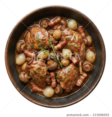 Rich and hearty civet de lapin rabbit stew with red wine, mushroom, onion and bacon in rustic, savory dish 133896005