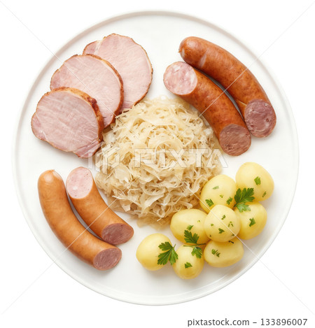 Hearty Choucroute Garnie Alsatian dish with sauerkraut, smoked pork, sausage, and potato, savory traditional meal Hearty Choucroute Garnie Alsatian dish with sauerkraut, smoked pork, sausage, and potato, savory traditional meal 133896007