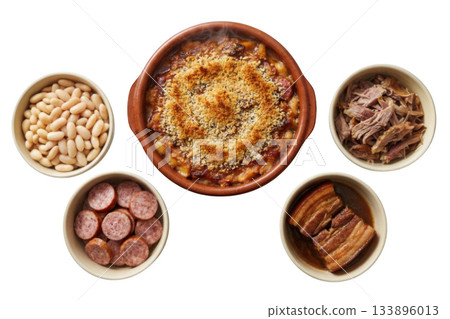 Hearty cassoulet, slow cooked casserole with white bean, duck confit, sausage and pork belly. Delicious rustic meal Hearty cassoulet, slow cooked casserole with white bean, duck confit, sausage and pork belly. Delicious rustic meal 133896013