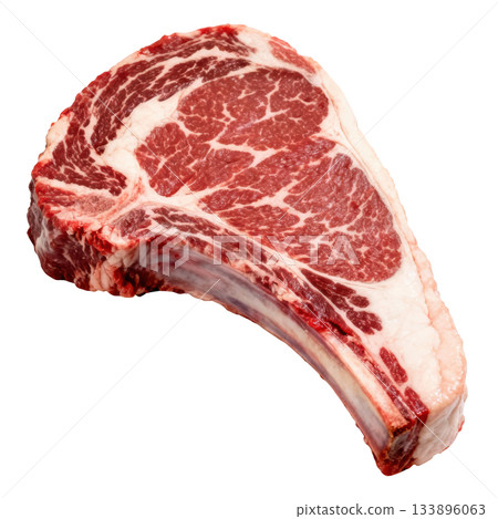 Raw beef ribeye steak with bone, fresh and uncooked, showing delicious marbling for gourmet meal 133896063