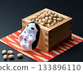 Japanese-style still life image using Setsubun lucky beans and Okame masks 133896110
