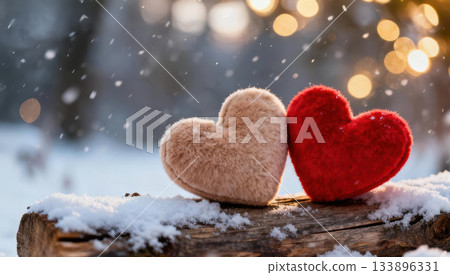 Romantic couple of red heart shapes symbolize love in winter snow beautiful christmas background with warm lights 133896331