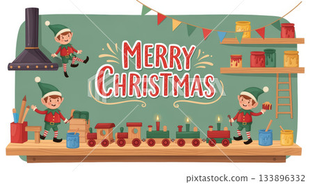 Happy elf in festive christmas toy workshop making wooden train for holiday celebration banner illustration 133896332