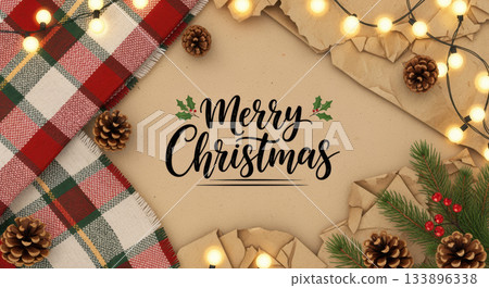 Warm and festive christmas greeting card with rustic decoration on cozy paper background for holiday celebration 133896338