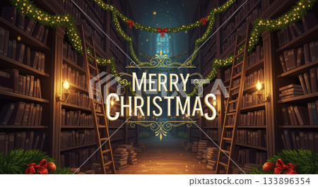 Warm magical vintage library with festive decoration for Merry Christmas greeting. Cozy holiday background scene 133896354