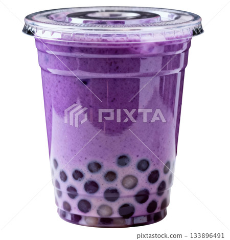Refreshing purple blueberry boba tea smoothie drink with delicious tapioca pearl on transparency background, closeup 133896491