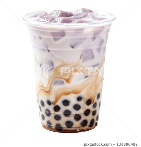 Refreshing sweet taro bubble tea, delicious milk tea boba drink with tapioca pearls for delightful treat 133896492