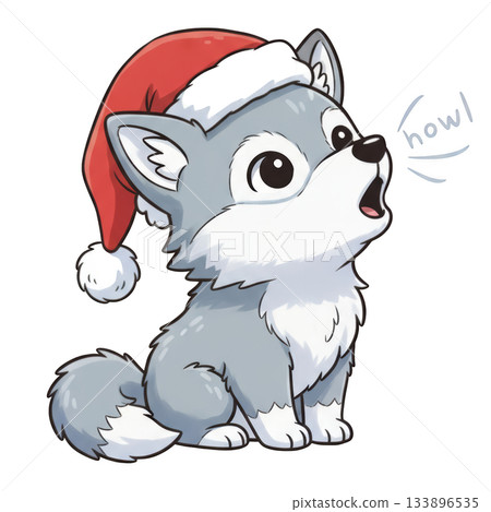 Joyful cute cartoon wolf pup cub howling for christmas. cub wears festive red hat and looks happy Joyful cute cartoon wolf pup cub howling for christmas. cub wears festive red hat and looks happy 133896535