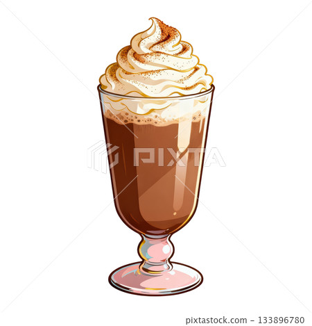 Cozy hot chocolate drink with whipped cream in glass. This sweet dessert illustration feels warm and comforting 133896780
